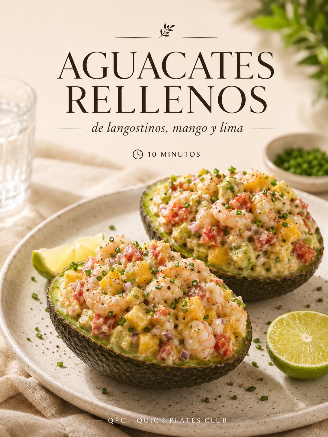 Aguacates rellenos de langostinos, mango y lima