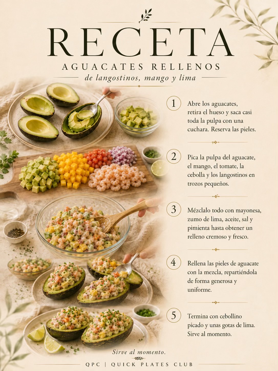 Aguacates rellenos de langostinos, mango y lima - receta
