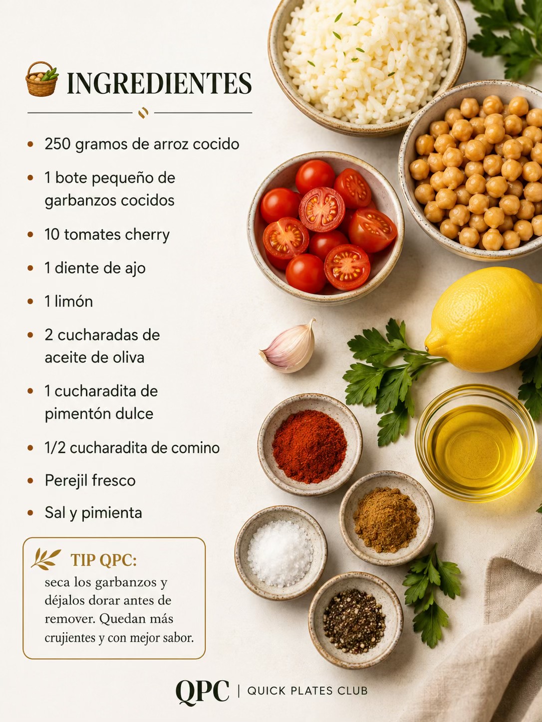 Arroz mediterráneo con garbanzos crujientes - ingredientes