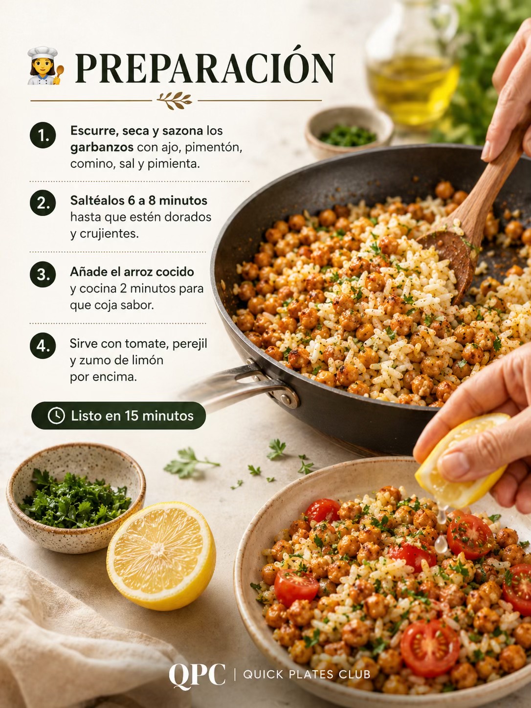 Arroz mediterráneo con garbanzos crujientes - receta