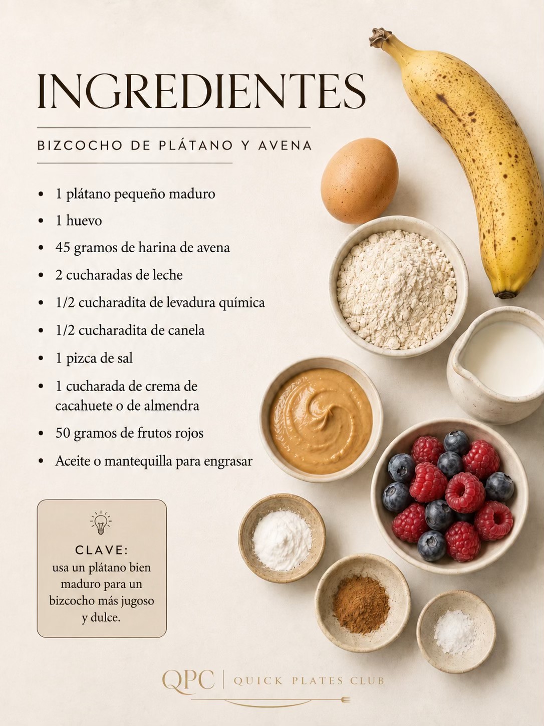 BIZCOCHO DE PLÁTANO Y AVENA EN 7 MINUTOS - ingredientes