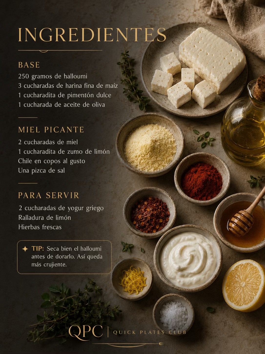 Bocados crujientes de halloumi con miel picante - ingredientes