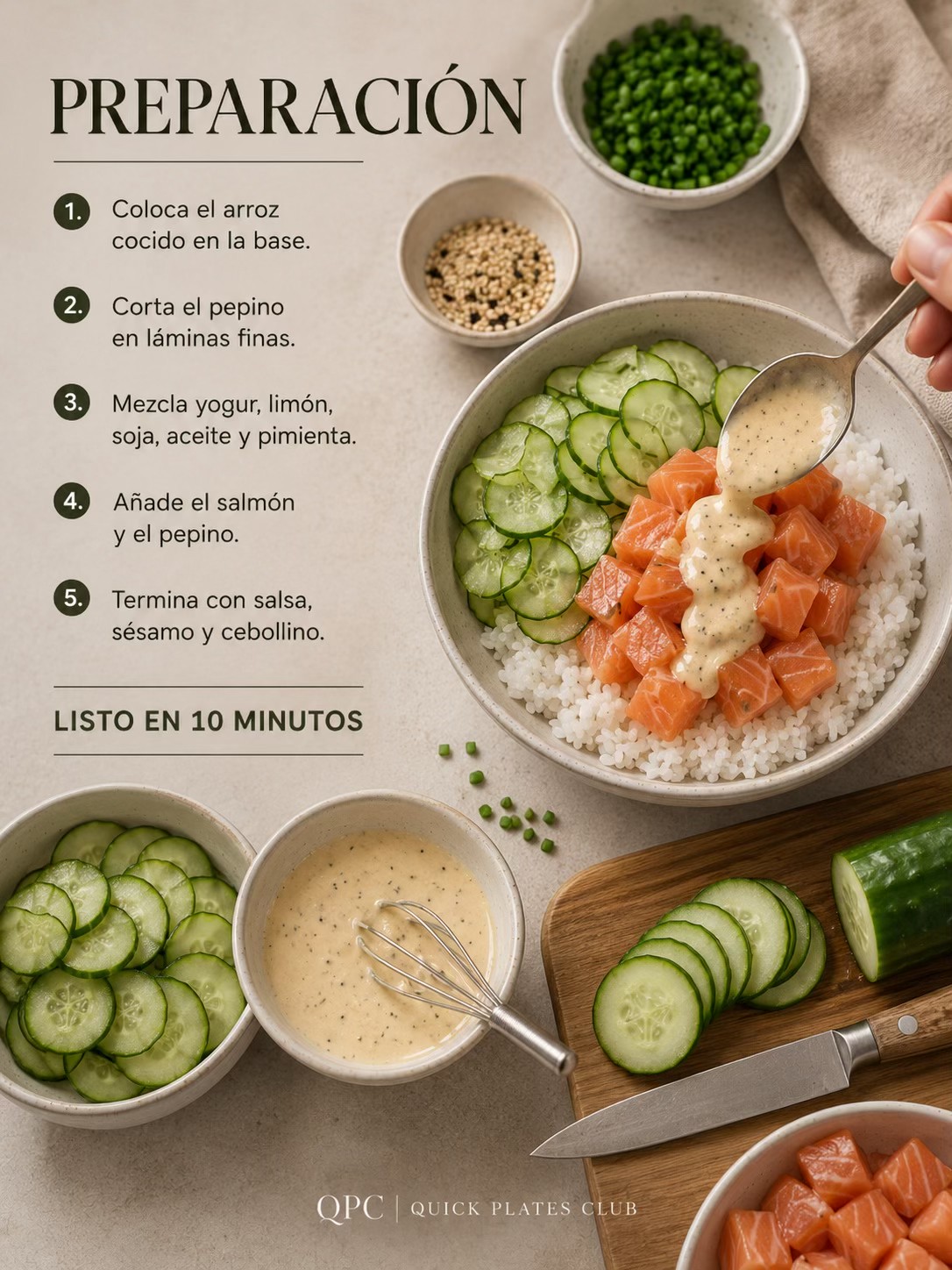 Bowl crujiente de salmón y pepino - receta