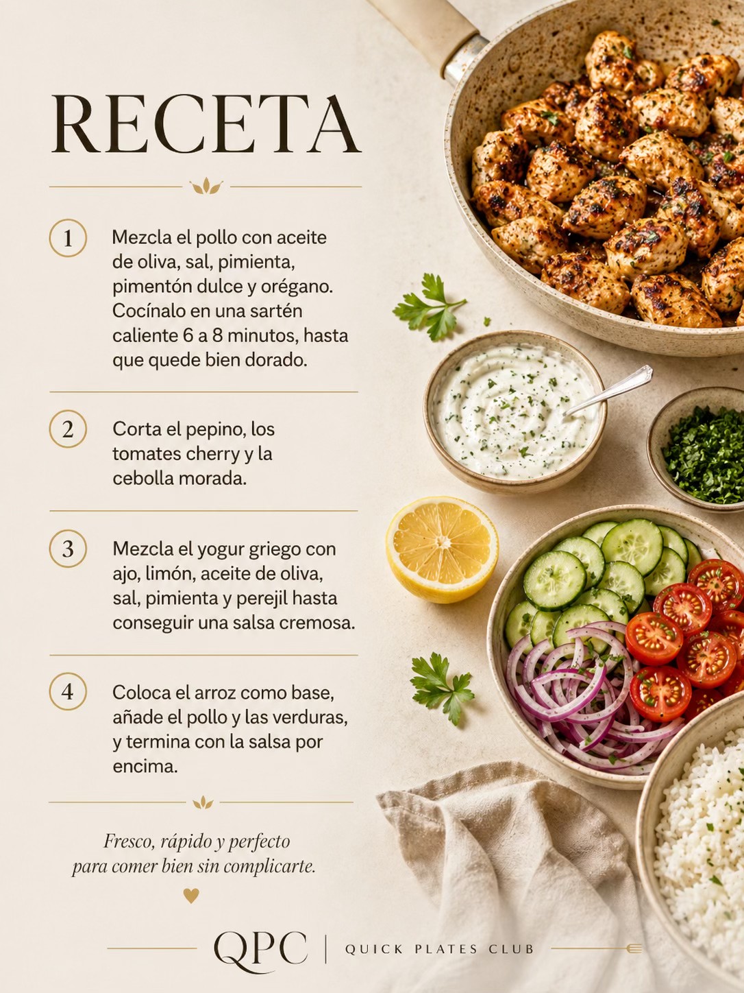 BOWL MEDITERRÁNEO DE POLLO Y SALSA DE YOGUR - receta