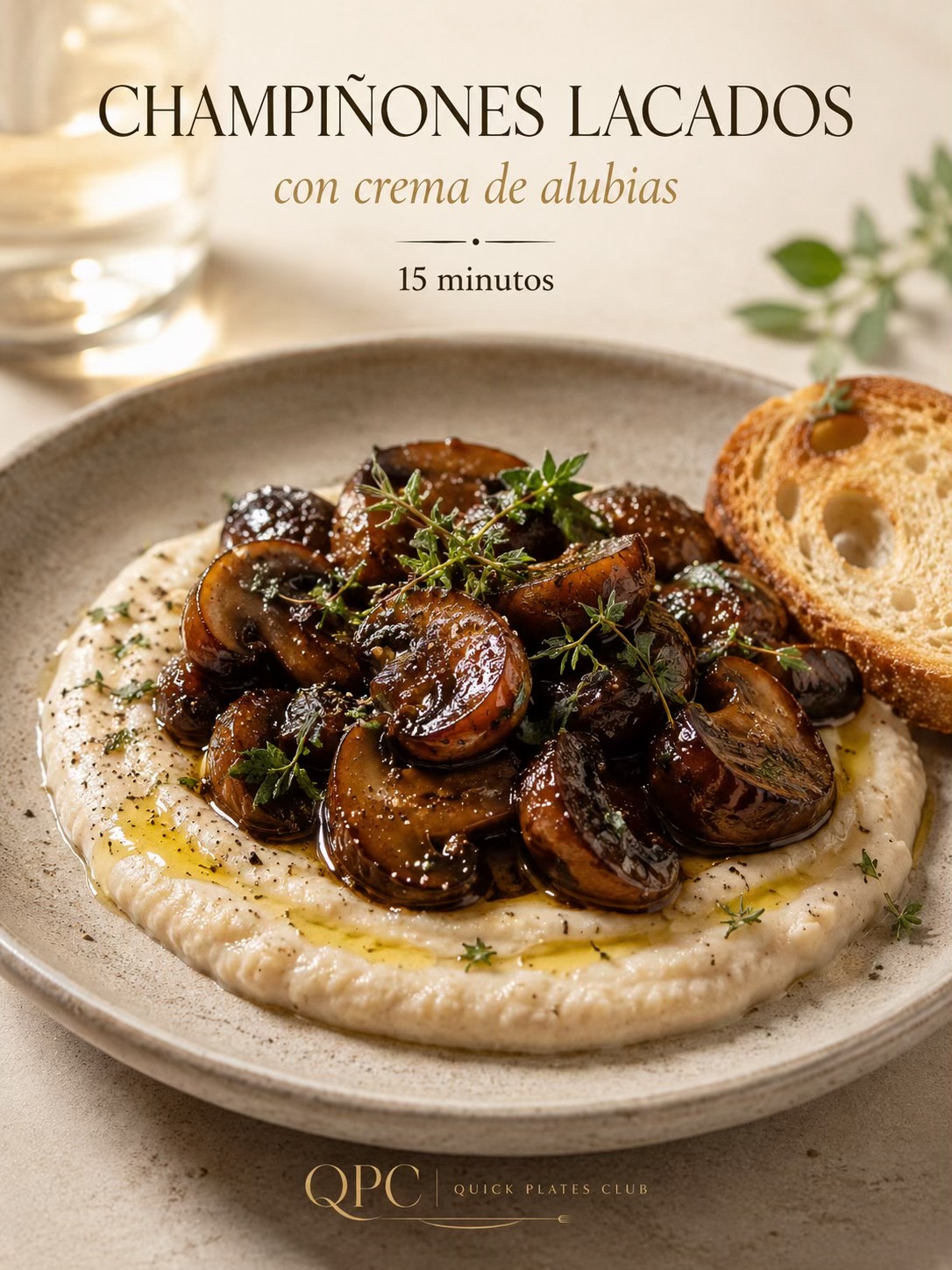 Champiñones lacados con crema de alubias
