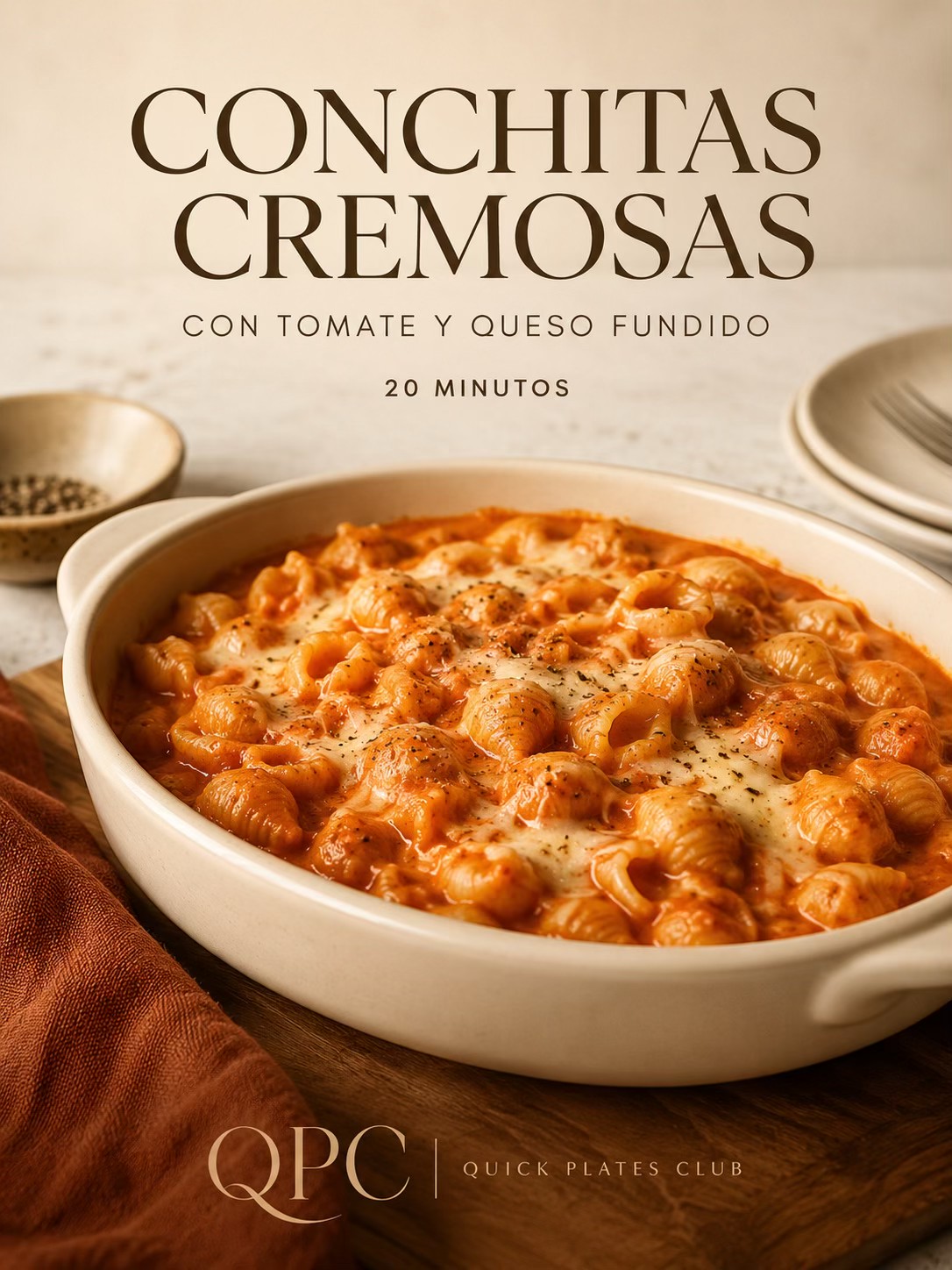 CONCHITAS CREMOSAS CON TOMATE Y QUESO FUNDIDO