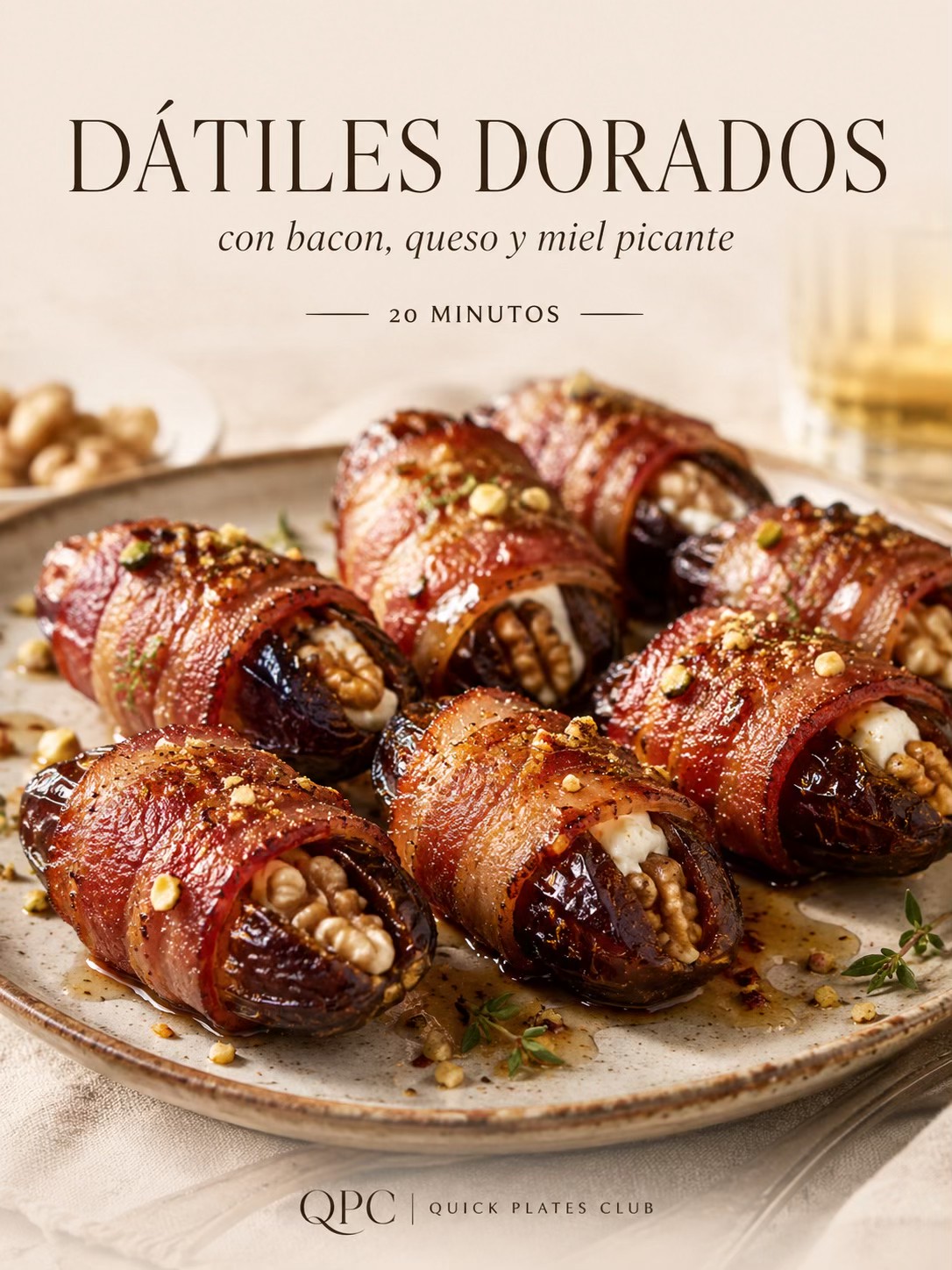 Dátiles dorados con bacon, queso y miel picante