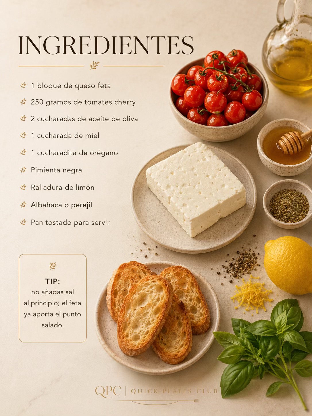 FETA DORADO CON TOMATES Y MIEL - ingredientes