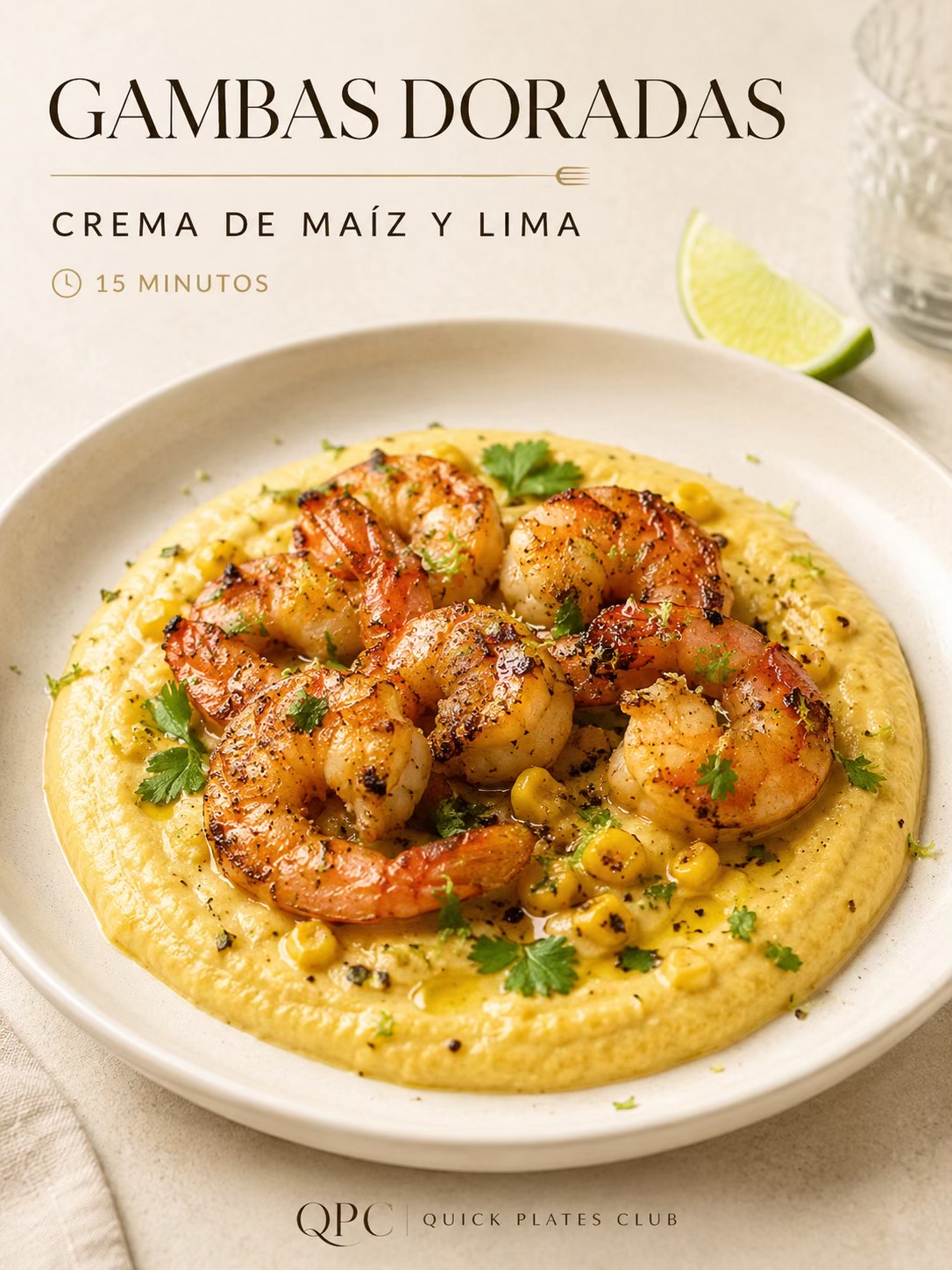 Gambas doradas con crema de maíz y lima
