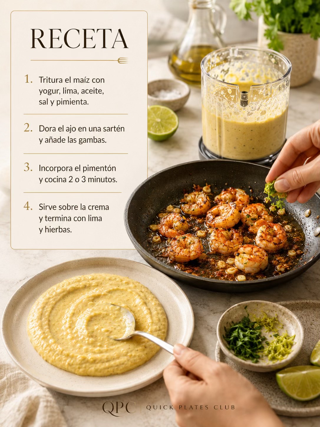 Gambas doradas con crema de maíz y lima - receta
