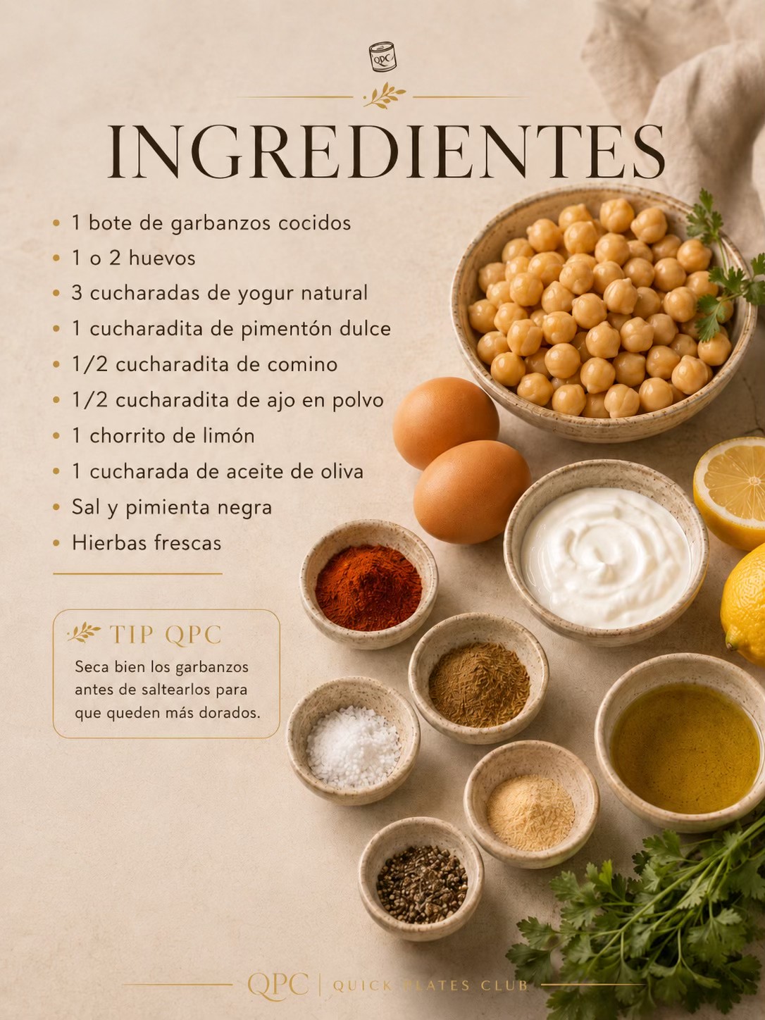 GARBANZOS DORADOS CON HUEVO Y YOGUR ESPECIADO - ingredientes