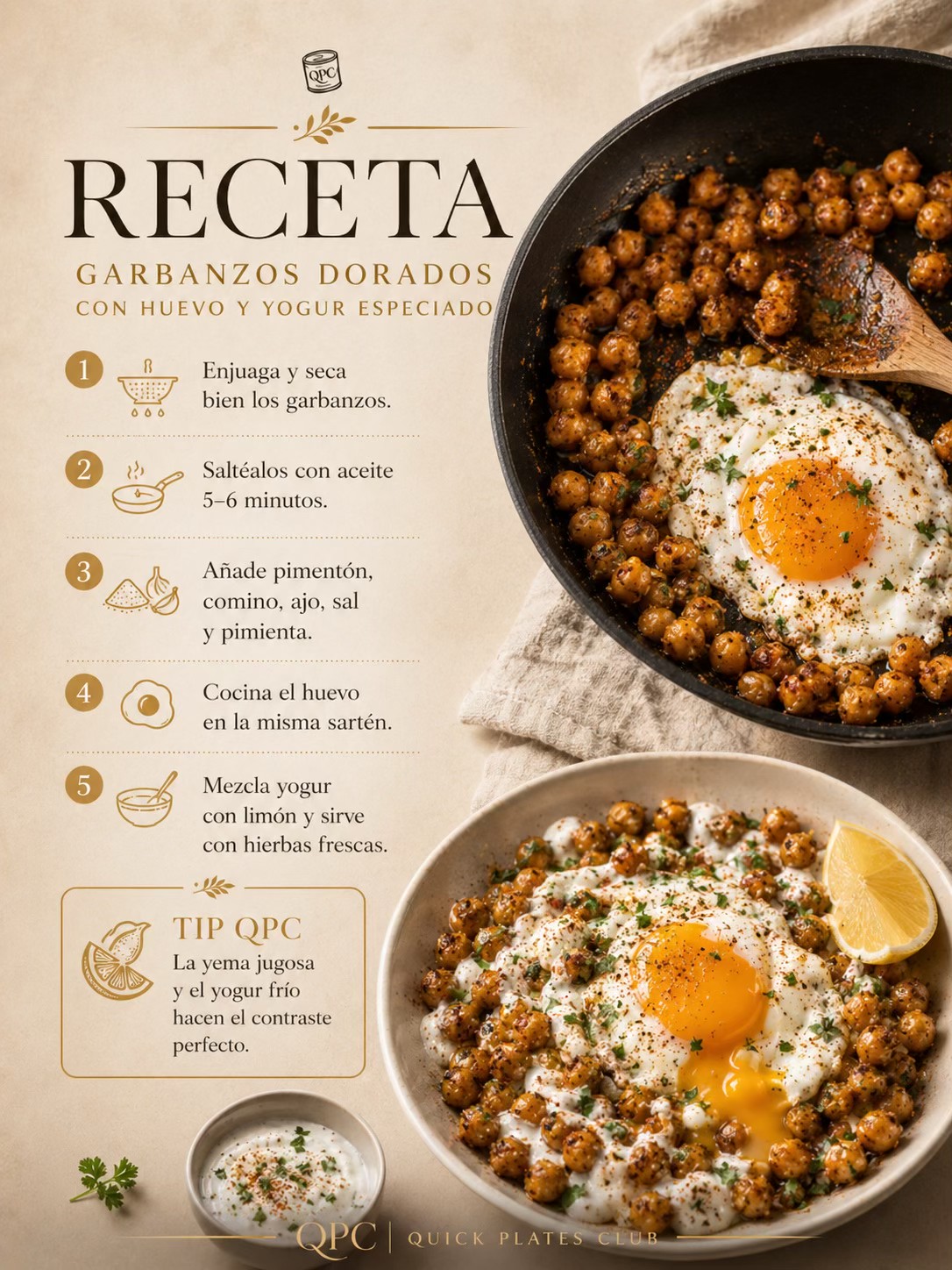 GARBANZOS DORADOS CON HUEVO Y YOGUR ESPECIADO - receta