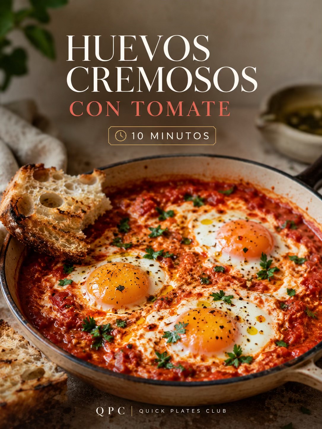 Huevos cremosos con tomate y pan crujiente