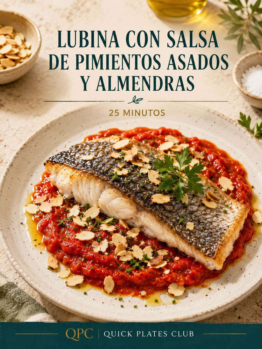 Lubina con salsa de pimientos asados y almendras