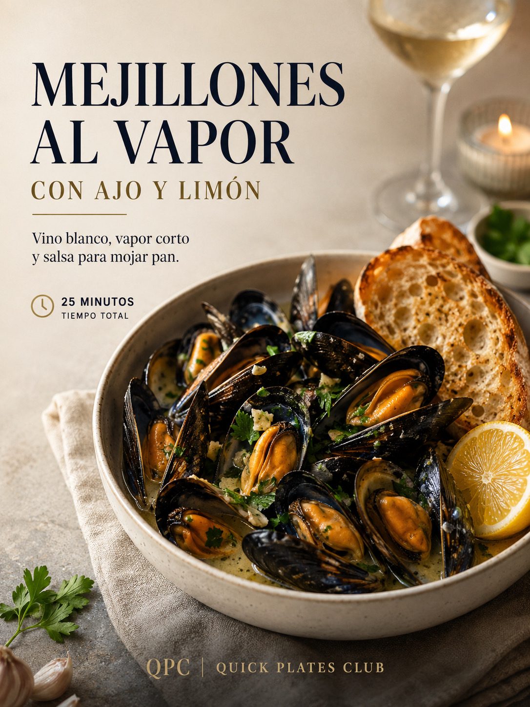 Mejillones al vapor con ajo, limón y vino blanco