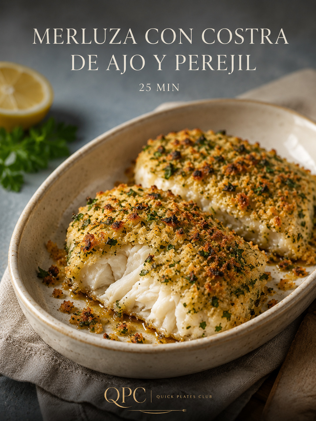 Merluza con costra de ajo y perejil
