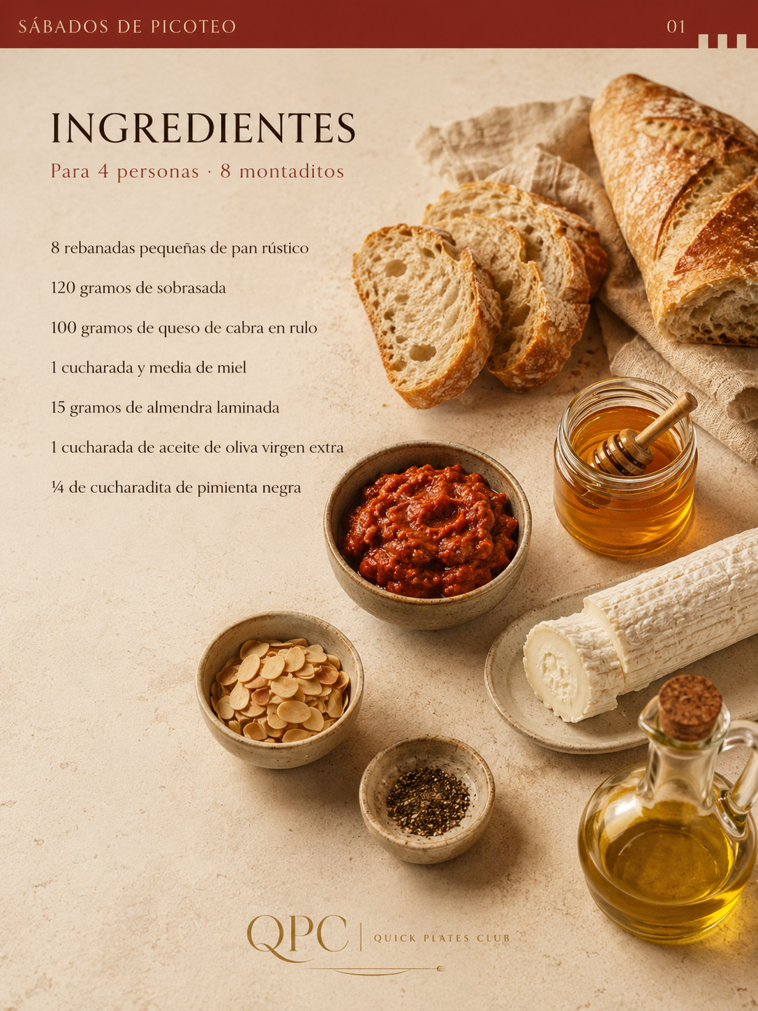 Montaditos de sobrasada, queso de cabra y miel - ingredientes