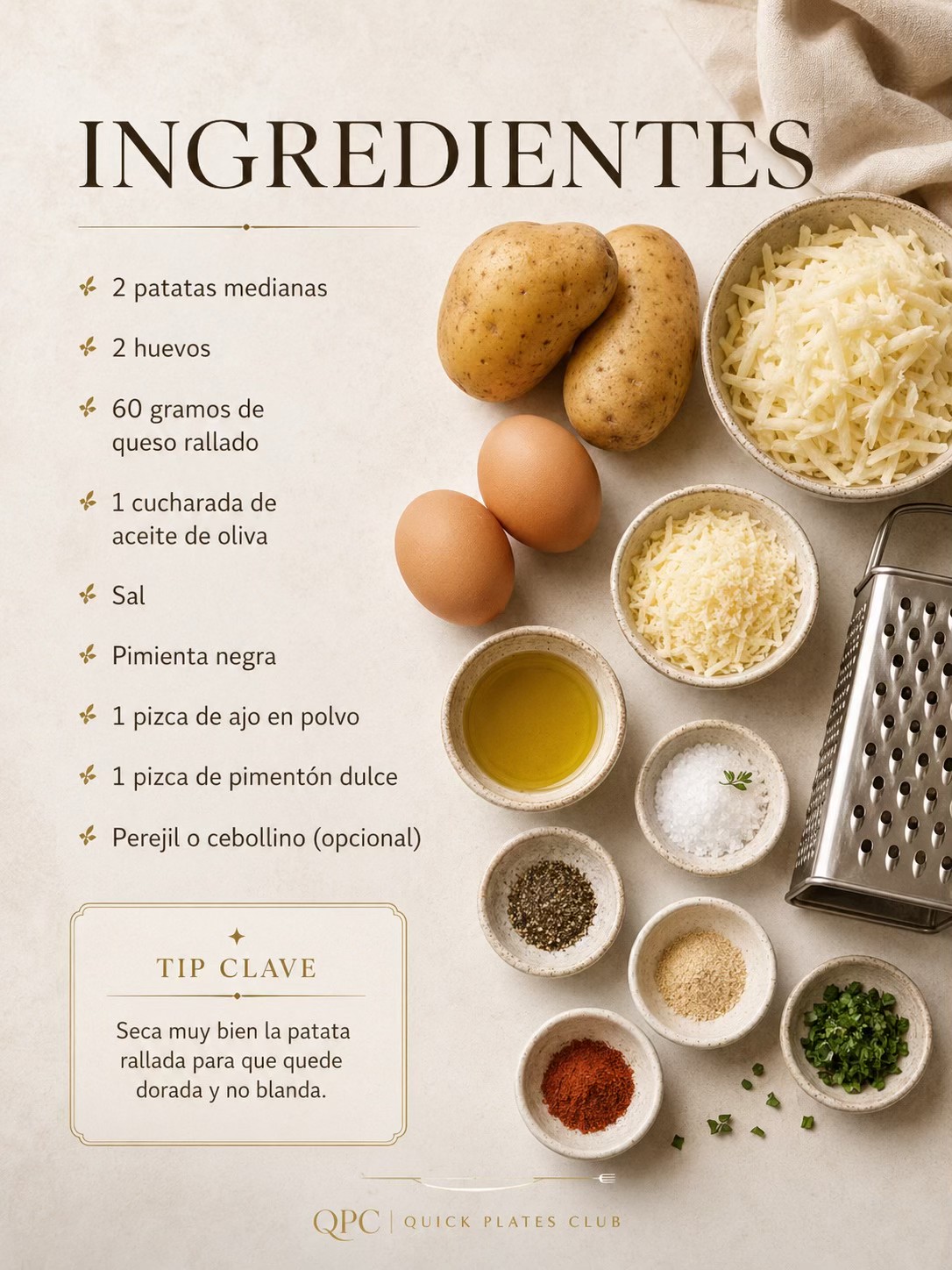 Nidos dorados de patata, huevo y queso - ingredientes