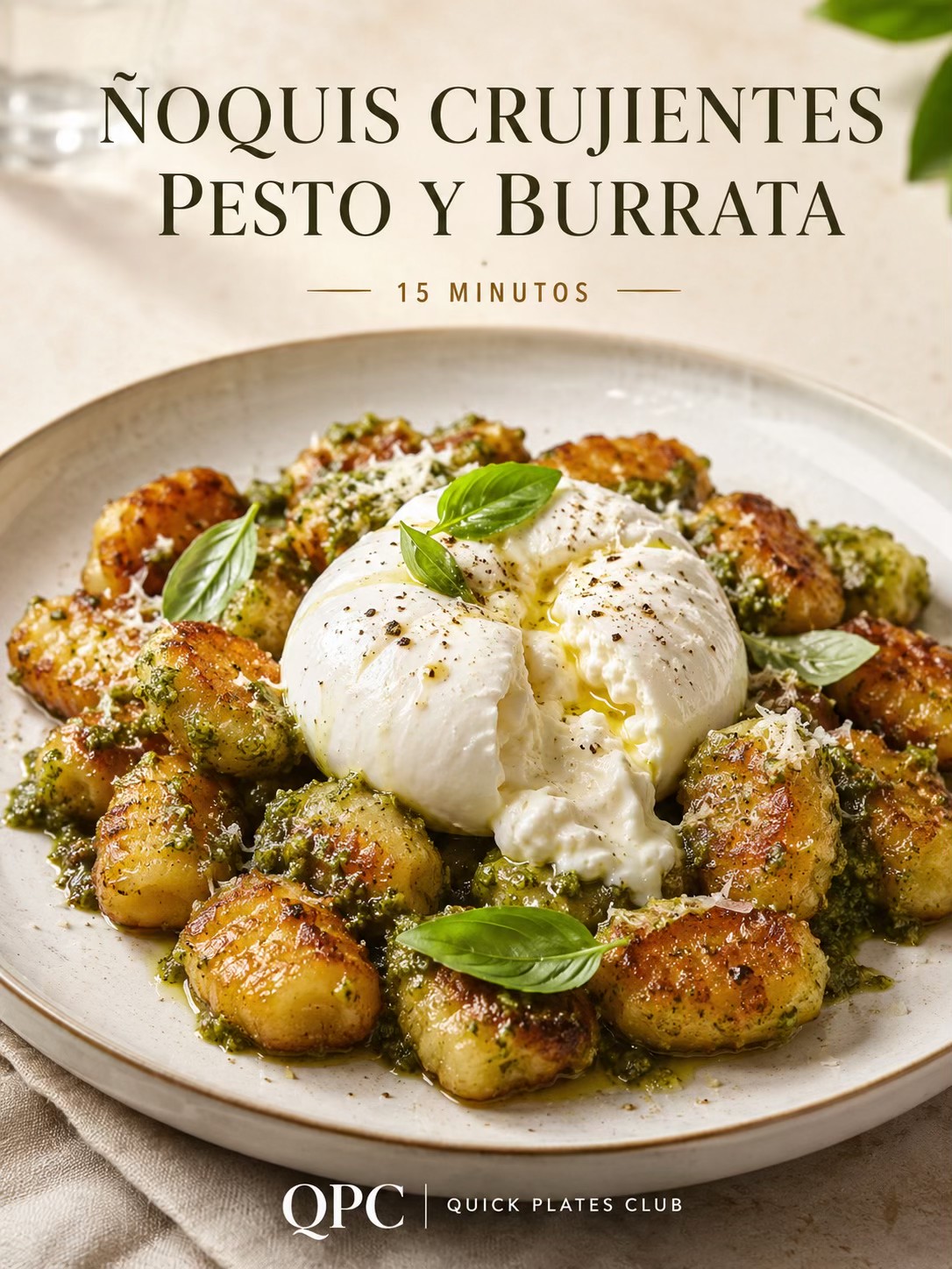 Ñoquis crujientes con pesto y burrata