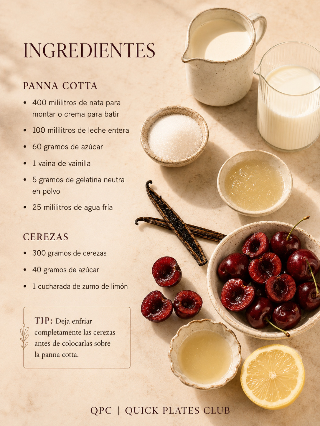 Panna cotta de vainilla con cerezas - ingredientes