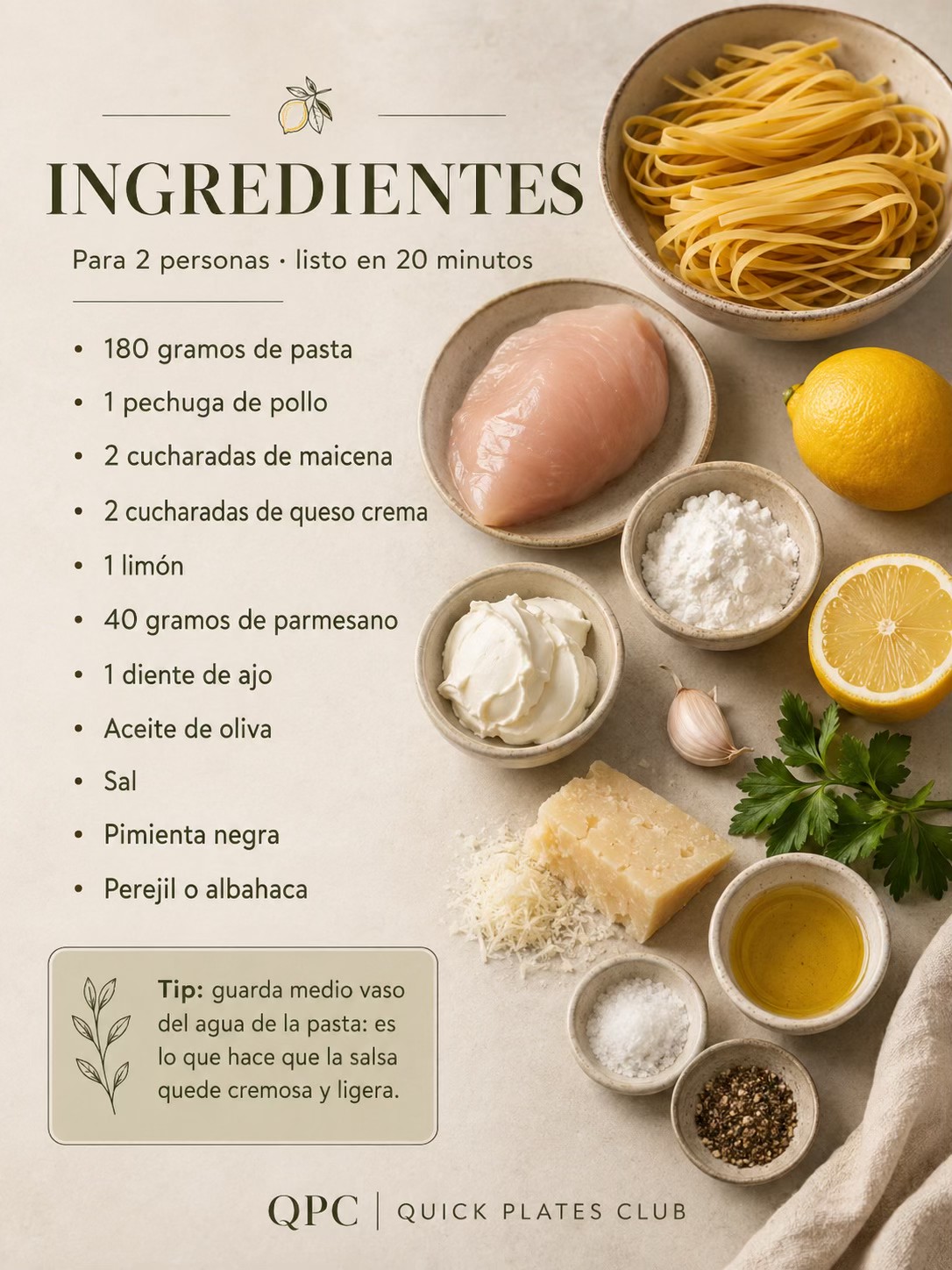 Pasta cremosa de limón con pollo crujiente - ingredientes