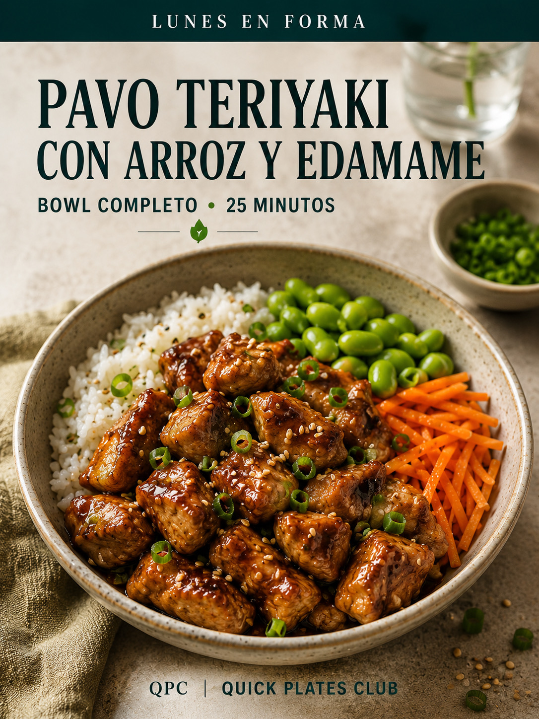 Pavo teriyaki con arroz y edamame