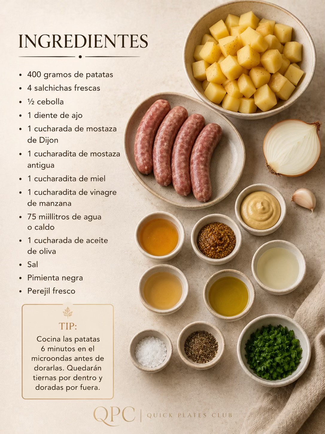 Salchichas doradas con patatas a la mostaza - ingredientes