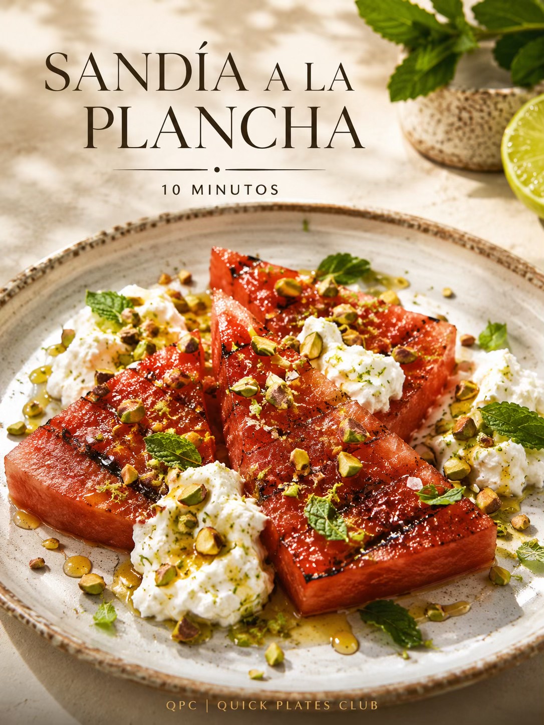 Sandía a la plancha con ricotta, lima y miel picante