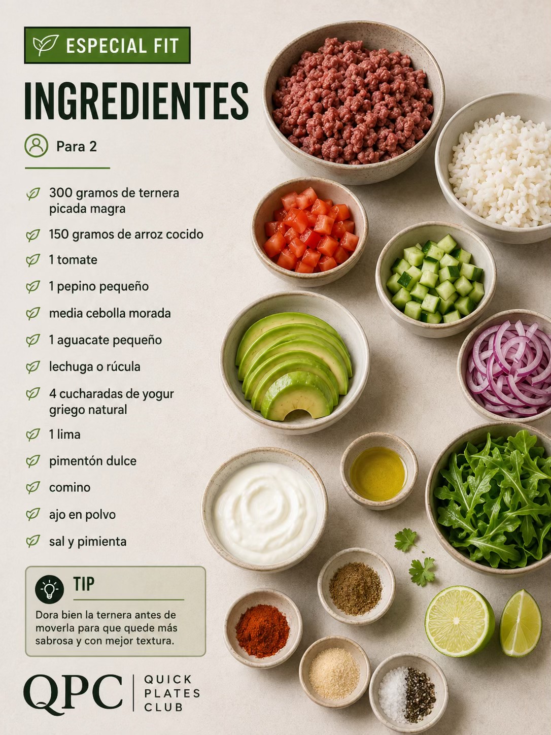 Taco bowl fit de ternera - ingredientes