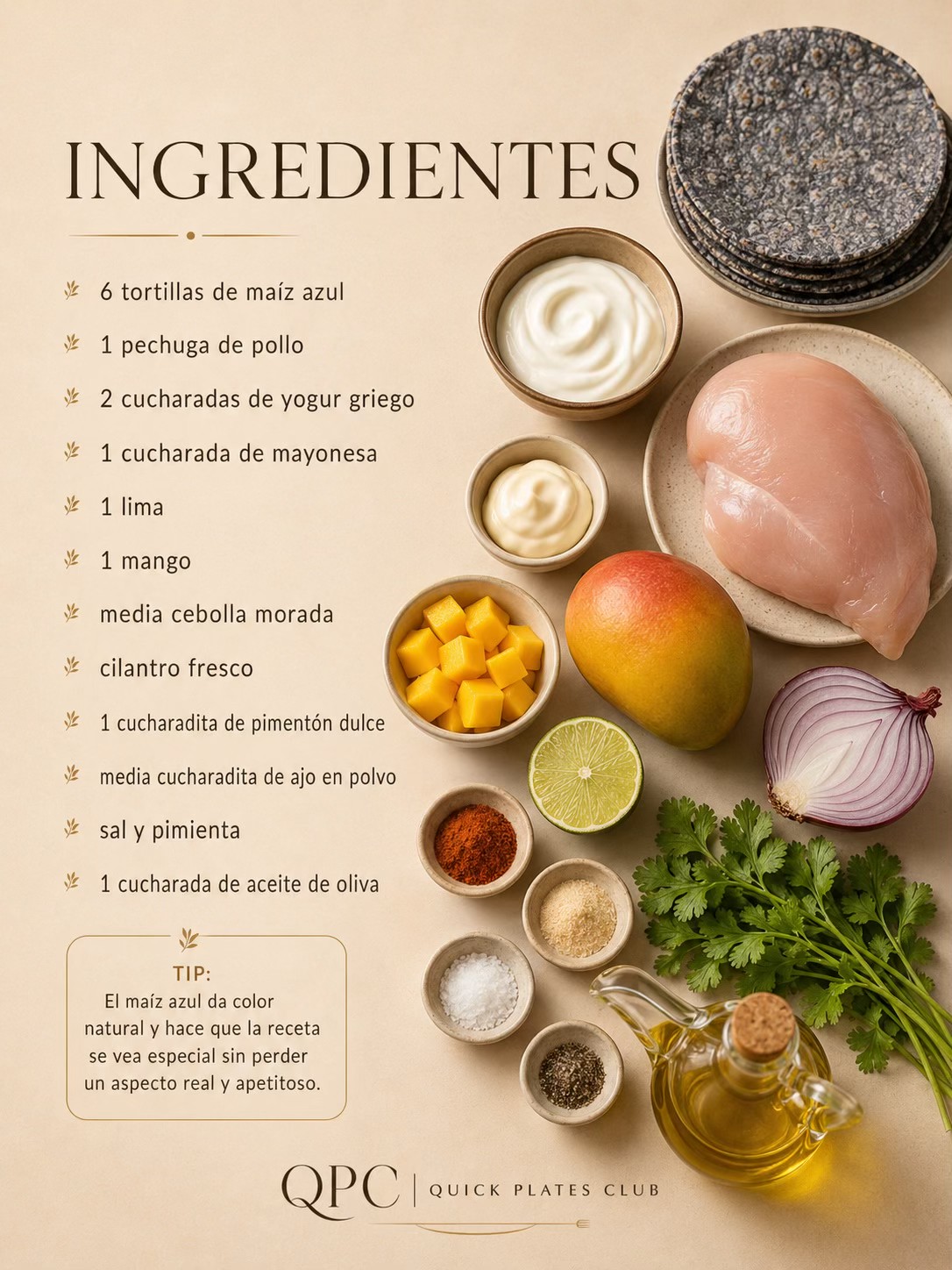 Tacos azules de pollo cremoso, mango y lima - ingredientes