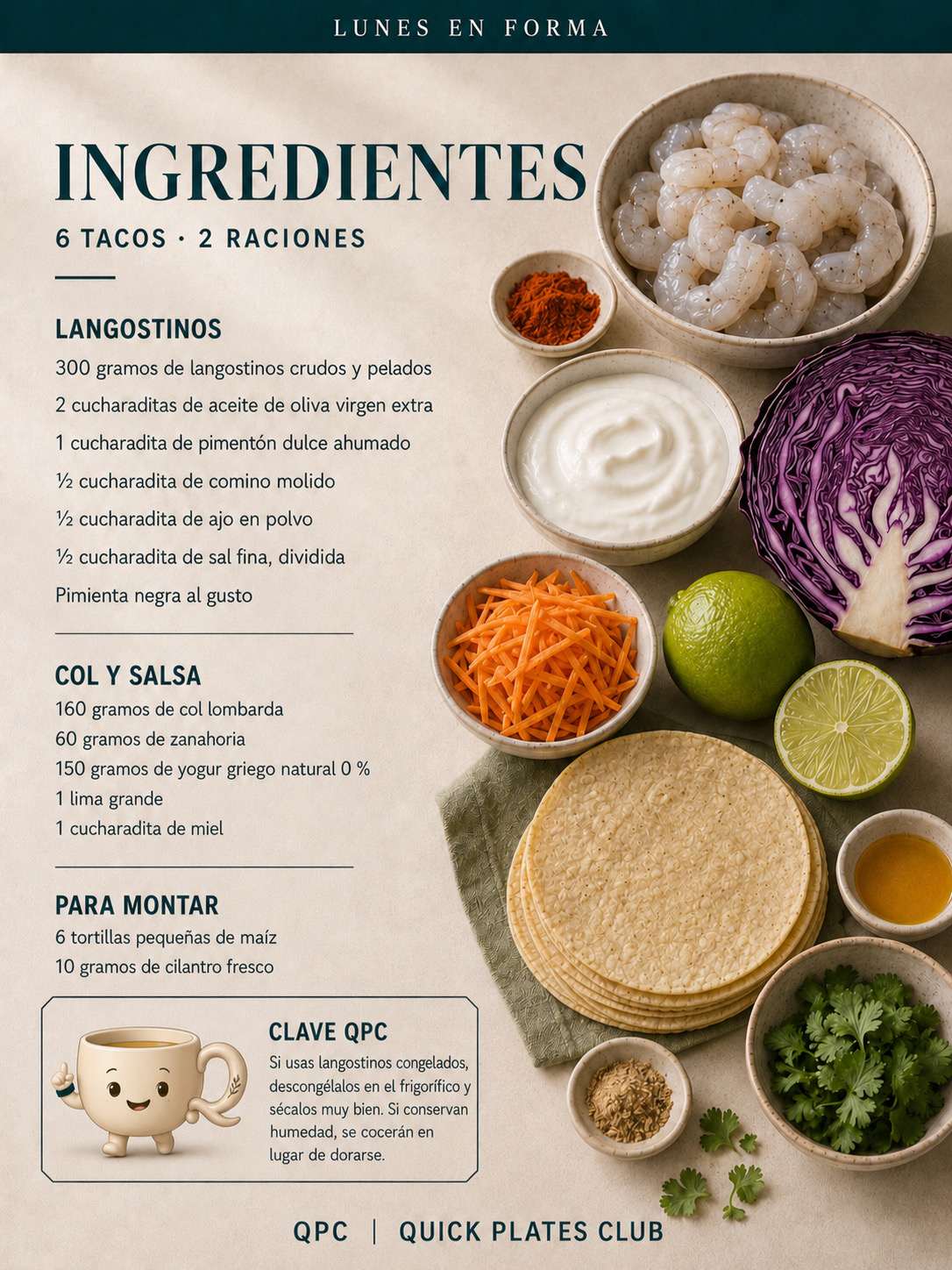 Tacos de langostinos con col crujiente y salsa de yogur y lima - ingredientes
