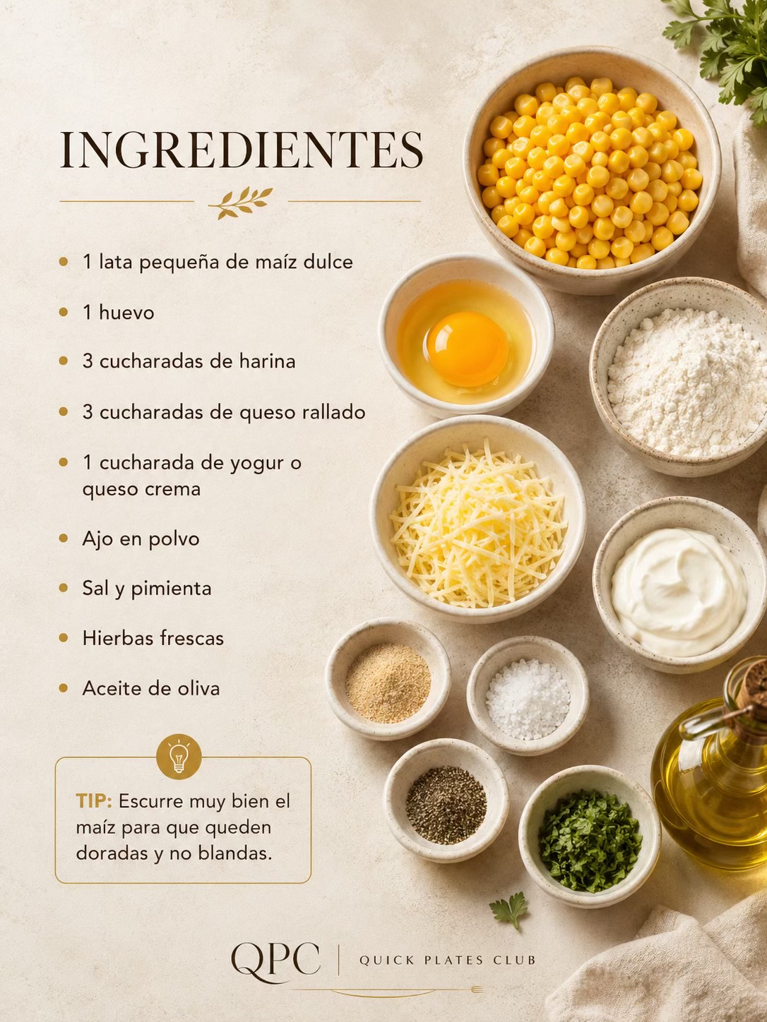 TORTITAS DORADAS DE MAÍZ Y QUESO - ingredientes